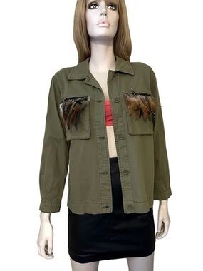 TOPSHOP Jacket Coat Plume Feathers Cotton Military Army Green Field Utility